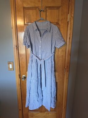 Blue and White Striped Maxi Shirt Dress with Waist Tie